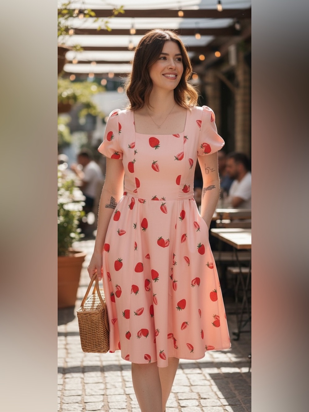Pink Strawberry Print Midi Dress with Square Neck